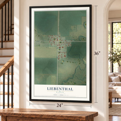 Liebenthal, Kansas map, 24 x 36 inch print in a black frame by a staircase
