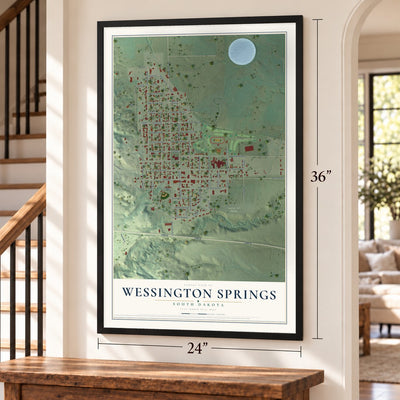 Wessington Springs, South Dakota map, 24 x 36 inch print in a black frame by a staircase
