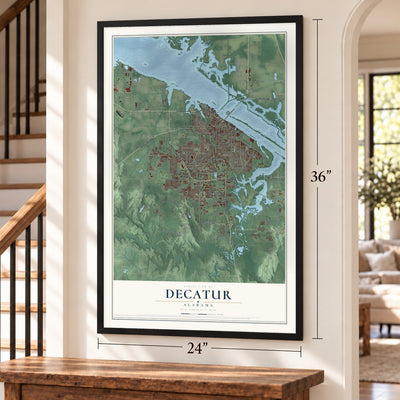Decatur, Alabama map, 24 x 36 inch print in a black frame by a staircase