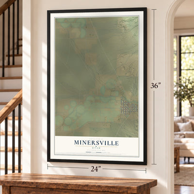 Minersville, Utah map, 24 x 36 inch print in a black frame by a staircase