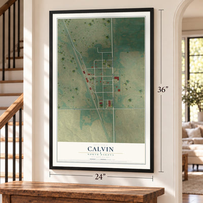Calvin, North Dakota map, 24 x 36 inch print in a black frame by a staircase