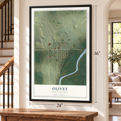 Olivet, South Dakota map, 24 x 36 inch print in a black frame by a staircase