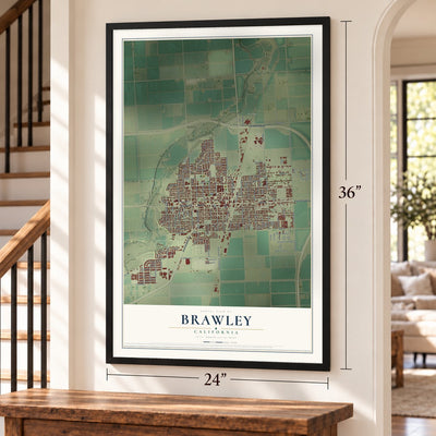 Brawley, California map, 24 x 36 inch print in a black frame by a staircase