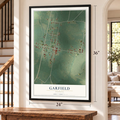 Garfield, Georgia map, 24 x 36 inch print in a black frame by a staircase