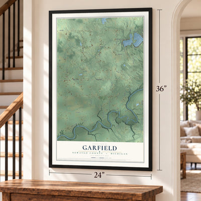 Garfield, Newaygo County, Michigan map, 24 x 36 inch print in a black frame by a staircase