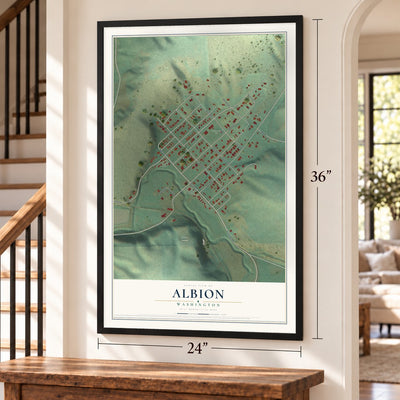 Albion, Washington map, 24 x 36 inch print in a black frame by a staircase