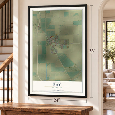 Bay, Arkansas map, 24 x 36 inch print in a black frame by a staircase