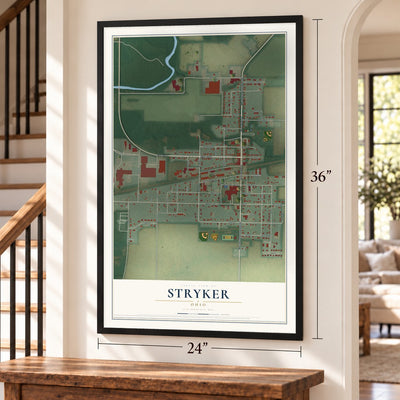 Stryker, Ohio map, 24 x 36 inch print in a black frame by a staircase