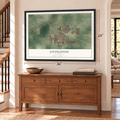 Livingston, California map, 24 x 36 inch print in a black frame above a dresser by a staircase