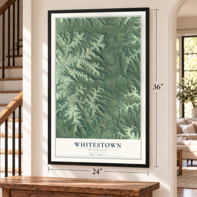 Whitestown, Wisconsin map, 24 x 36 inch print in a black frame by a staircase