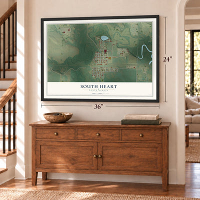 South Heart, North Dakota map, 24 x 36 inch print in a black frame above a dresser by a staircase