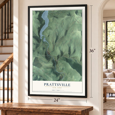 Prattsville, New York map, 24 x 36 inch print in a black frame by a staircase