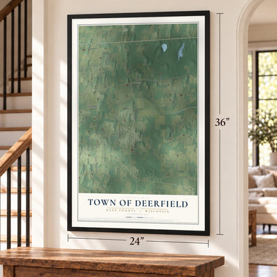 Town of Deerfield, Dane County, Wisconsin map, 24 x 36 inch print in a black frame by a staircase