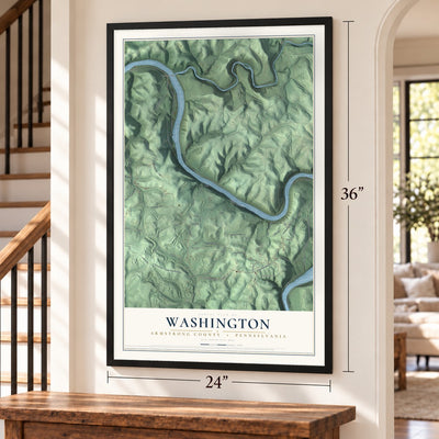 Washington, Armstrong County, Pennsylvania map, 24 x 36 inch print in a black frame by a staircase