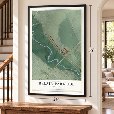 Belair-Parkside, Maryland map, 24 x 36 inch print in a black frame by a staircase