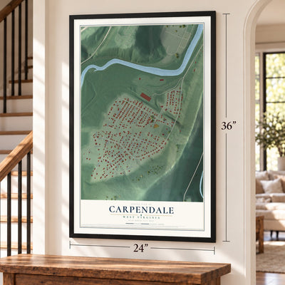 Carpendale, West Virginia map, 24 x 36 inch print in a black frame by a staircase