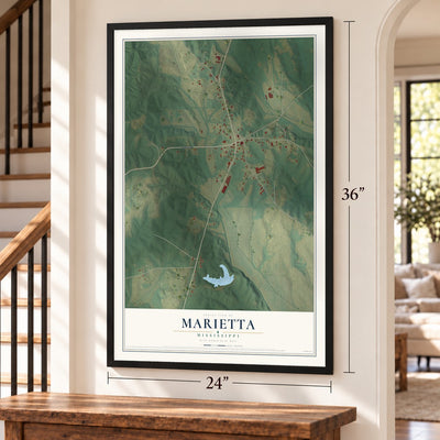 Marietta, Mississippi map, 24 x 36 inch print in a black frame by a staircase