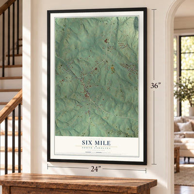 Six Mile, South Carolina map, 24 x 36 inch print in a black frame by a staircase