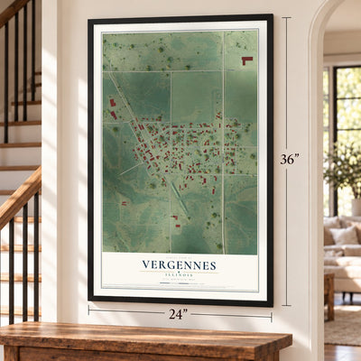 Vergennes, Illinois map, 24 x 36 inch print in a black frame by a staircase