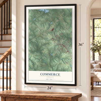 Commerce, Georgia map, 24 x 36 inch print in a black frame by a staircase
