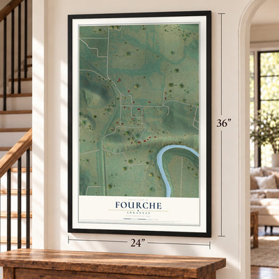 Fourche, Arkansas map, 24 x 36 inch print in a black frame by a staircase