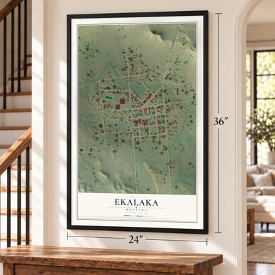 Ekalaka, Montana map, 24 x 36 inch print in a black frame by a staircase