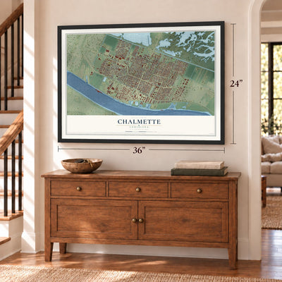 Chalmette, Louisiana map, 24 x 36 inch print in a black frame above a dresser by a staircase