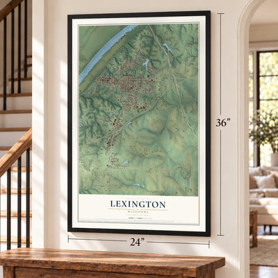Lexington, Missouri map, 24 x 36 inch print in a black frame by a staircase