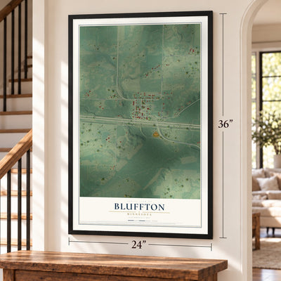 Bluffton, Minnesota map, 24 x 36 inch print in a black frame by a staircase