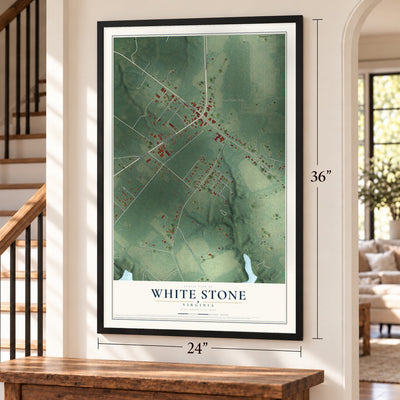 White Stone, Virginia map, 24 x 36 inch print in a black frame by a staircase