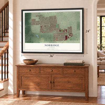 Norridge, Illinois map, 24 x 36 inch print in a black frame above a dresser by a staircase