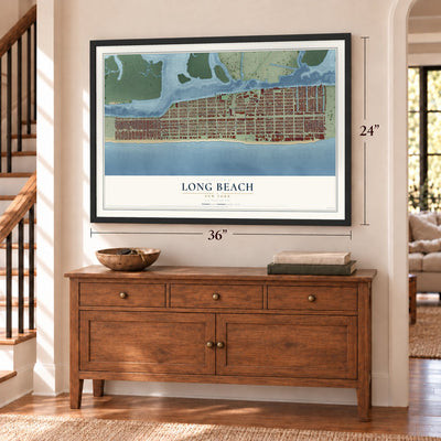 Long Beach, New York map, 24 x 36 inch print in a black frame above a dresser by a staircase