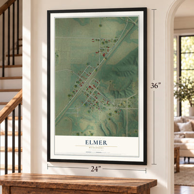 Elmer, Missouri map, 24 x 36 inch print in a black frame by a staircase