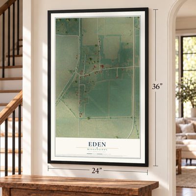 Eden, Mississippi map, 24 x 36 inch print in a black frame by a staircase