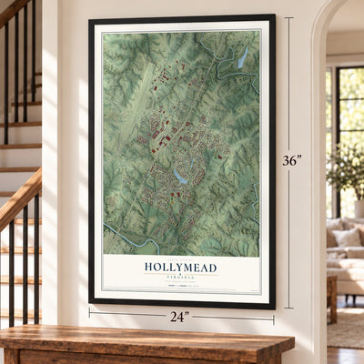 Hollymead, Virginia map, 24 x 36 inch print in a black frame by a staircase
