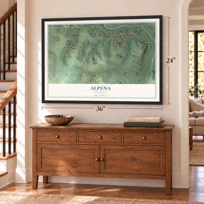 Alpena, Arkansas map, 24 x 36 inch print in a black frame above a dresser by a staircase