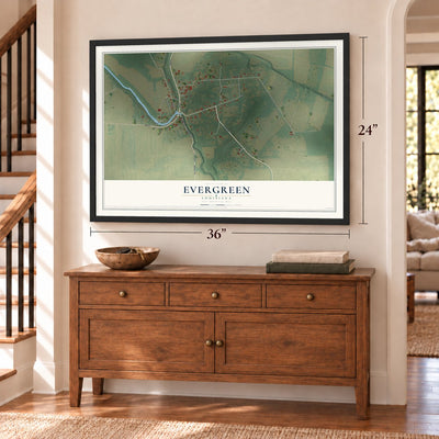 Evergreen, Louisiana map, 24 x 36 inch print in a black frame above a dresser by a staircase