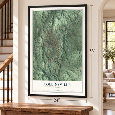 Collinsville, Virginia map, 24 x 36 inch print in a black frame by a staircase