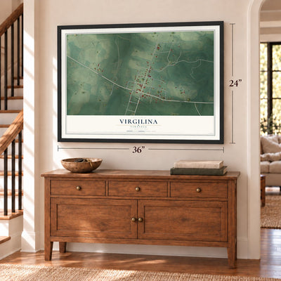 Virgilina, Virginia map, 24 x 36 inch print in a black frame above a dresser by a staircase