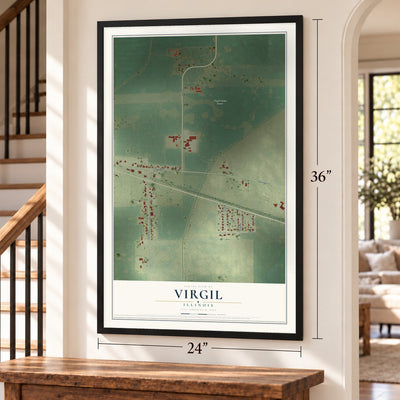 Virgil, Illinois map, 24 x 36 inch print in a black frame by a staircase