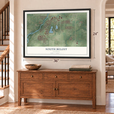 South Beloit, Illinois map, 24 x 36 inch print in a black frame above a dresser by a staircase