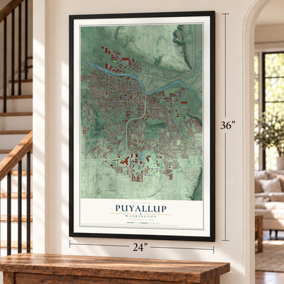 Puyallup, Washington map, 24 x 36 inch print in a black frame by a staircase