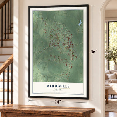 Woodville, Texas map, 24 x 36 inch print in a black frame by a staircase