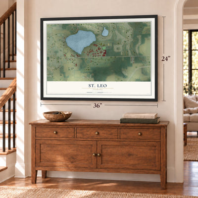 St. Leo, Florida map, 24 x 36 inch print in a black frame above a dresser by a staircase