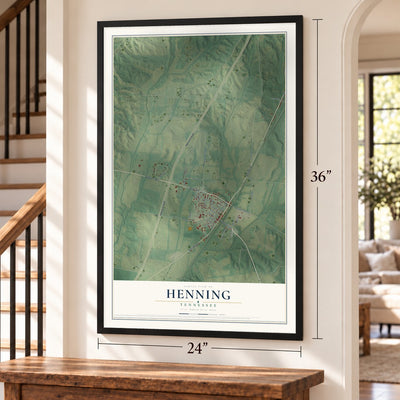 Henning, Tennessee map, 24 x 36 inch print in a black frame by a staircase