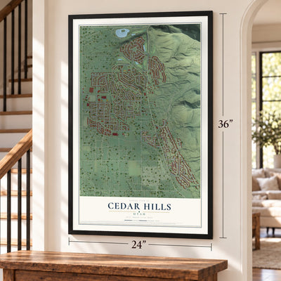 Cedar Hills, Utah map, 24 x 36 inch print in a black frame by a staircase