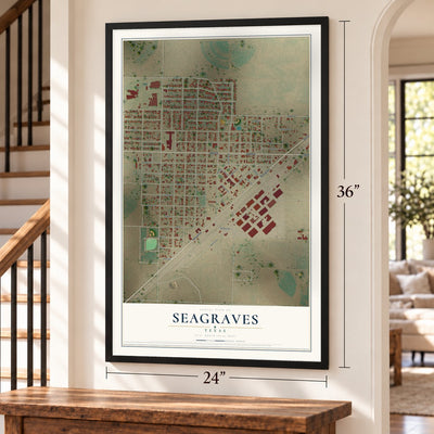 Seagraves, Texas map, 24 x 36 inch print in a black frame by a staircase