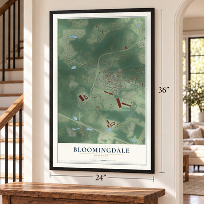 Bloomingdale, Georgia map, 24 x 36 inch print in a black frame by a staircase