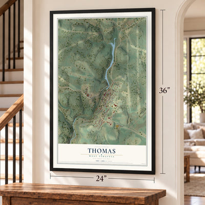 Thomas, West Virginia map, 24 x 36 inch print in a black frame by a staircase