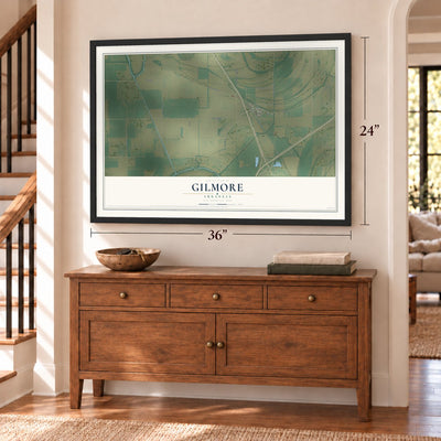 Gilmore, Arkansas map, 24 x 36 inch print in a black frame above a dresser by a staircase
